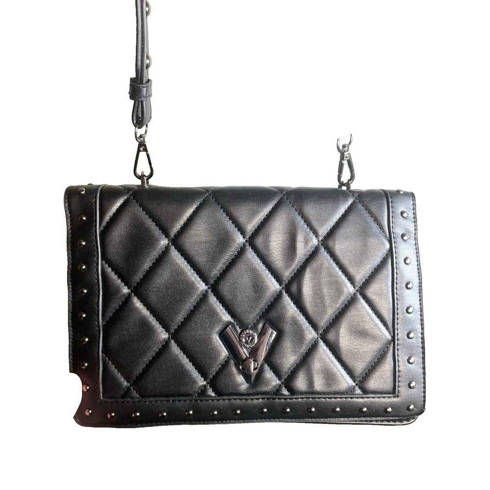 Valentino Orlandi Black Quilted Studded Crossbody Bag‎ Purse Vegan Leather
